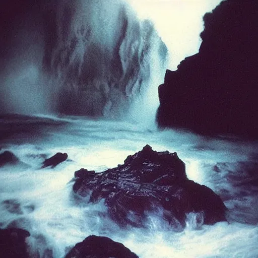 Image similar to a cave with a rushing wave of water, creepy, eerie, unsettling, terrifying, jagged rocks, dark, grainy, noisy, slightly blurry, polaroid, deep!!!!!, dark!!!