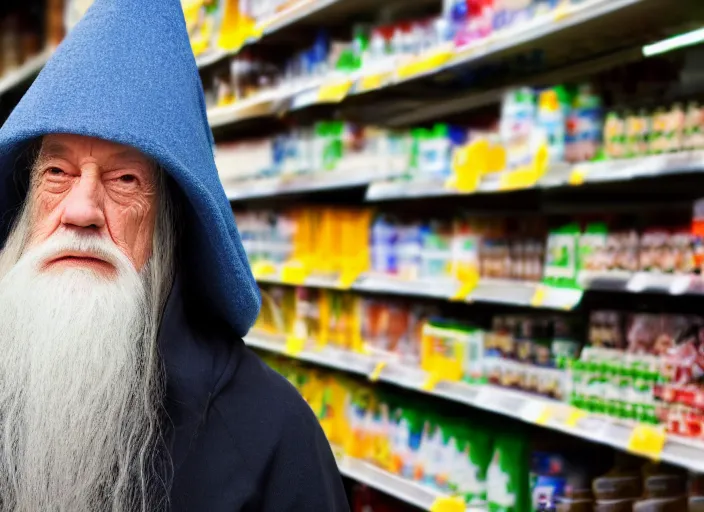 Image similar to photo of Gandalf wearing wizard hat, stacking supermarket shelves, depressing, sad, 85mm f1.8