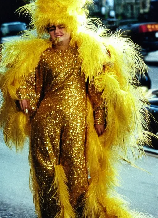 Image similar to realistic detailed photo of the sleeping person, wearing a golden leaf feathers fluffy fur carnival costume with golden sparkles. 1 9 9 0, life magazine reportage photo