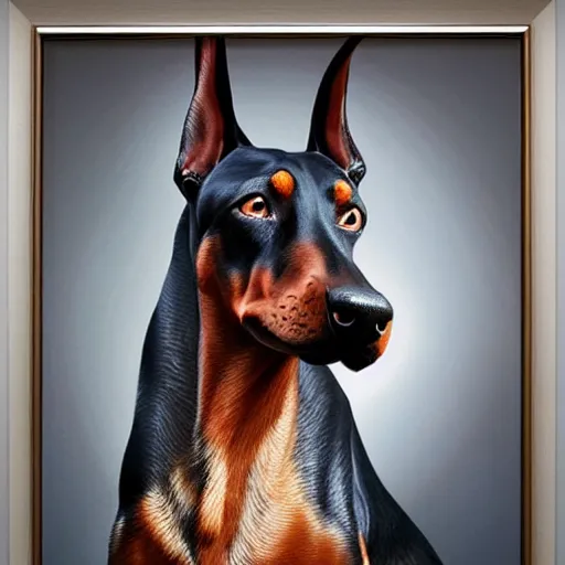 Image similar to michal karcz cartoon painting of a Doberman. , detailed, elegant, intricate, 4k,