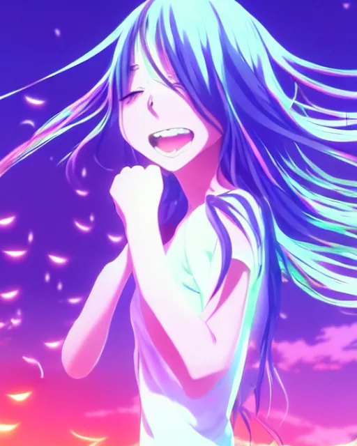 Image similar to anime style, vivid, expressive, full body, 4 k, a cute girl with white skin and long wavy hair humming a song, stunning, realistic light and shadow effects, centered, simple background, studio ghibly makoto shinkai yuji yamaguchi