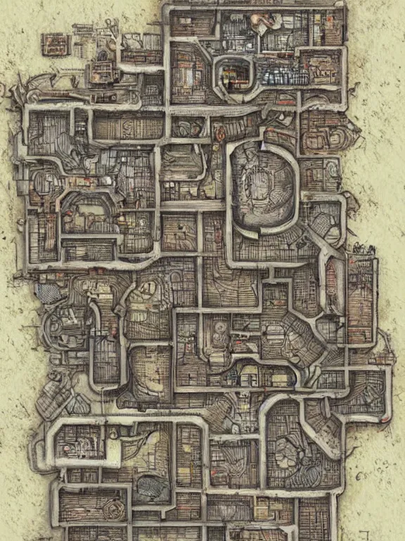Image similar to A floor plan map illustration of a silent Hill city in labyrinth,by James Paick,Jane Newland，Peter Mohrbacher,peter gric,aaron horkey,Chris Ware,trending on pinterest,full of color,high detail,maximalist