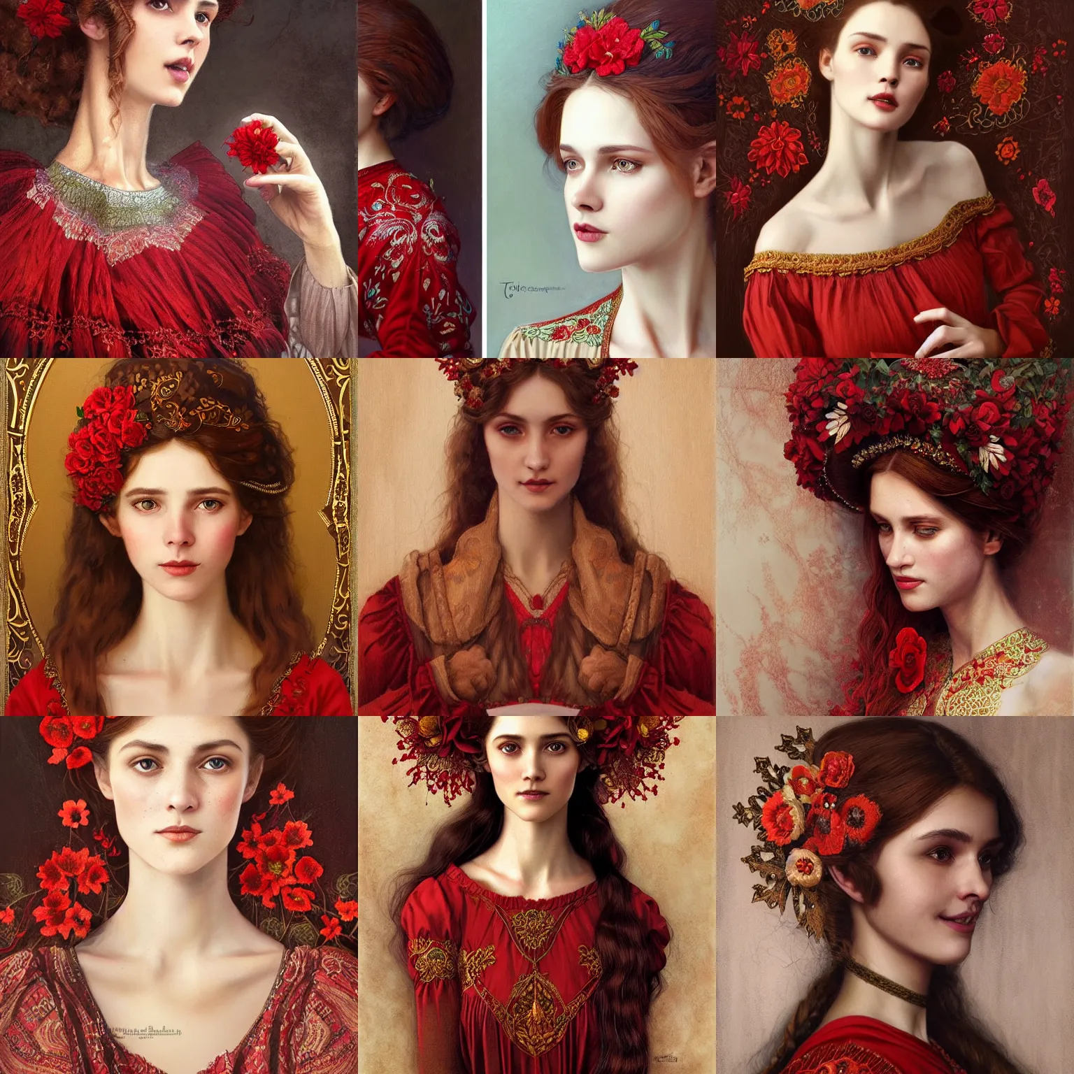 Prompt: the brown - haired lady in red embroidered shirt, ukrainian national costume, filigree crown with textile embroidery flowers, pre - raphaelite beautiful, playful smile, detailed portrait, intricate complexity, acryl painting in the style of charlie bowater, tom bagshaw, greg rutkowski