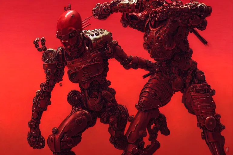 Image similar to only with red, a red cyborg samurai, tokio futuristic in background, some evil yokai fight, in the style of beksinski, parts by edward hopper, parts by rodcenko, parts by yue minjun, intricate and epic composition, red by caravaggio, insanely quality, highly detailed, masterpiece, red light, artstation, 4 k