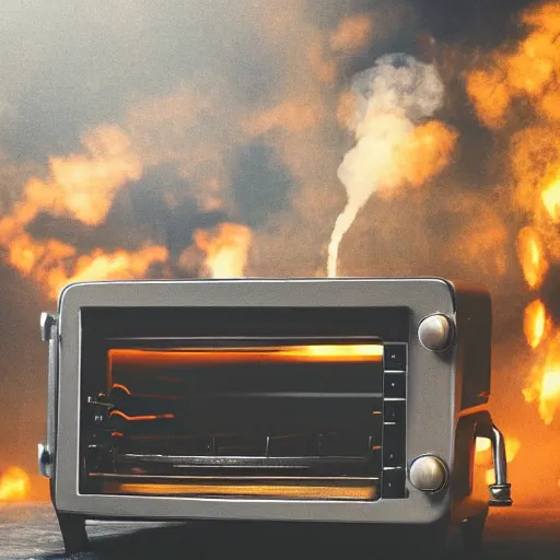 Image similar to toaster oven terminator robot, dark messy smoke - filled cluttered workshop, dark, dramatic lighting, orange tint, sparks, cinematic, highly detailed, sci - fi, futuristic, movie still