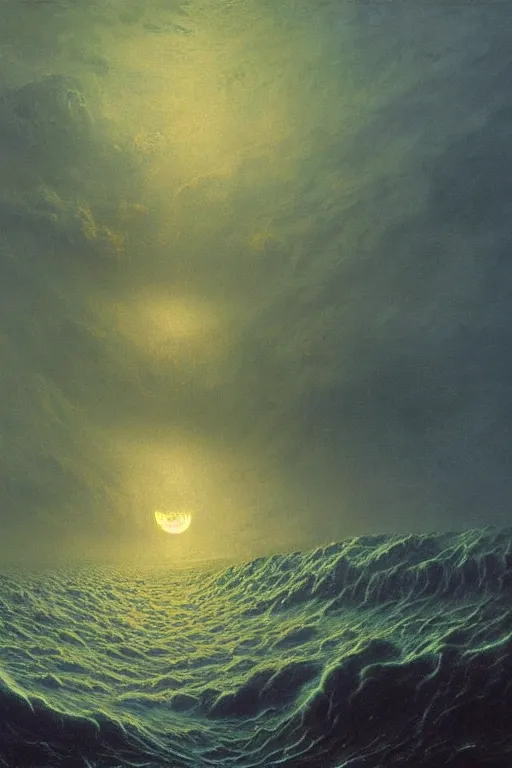 Image similar to A stunning detailed Shoggoth by Zdzisław Beksiński and Ivan Aivazovsky, stormy ocean, beautiful lighting, full moon, detailed swirling water tornado, artstation