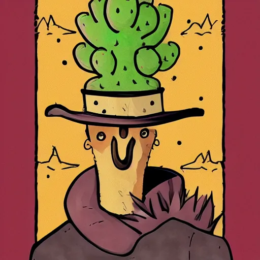 Prompt: anthropomorphic cactus, cowboy, illustration, badass composition