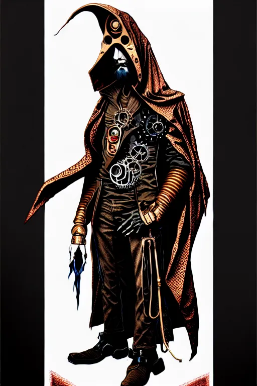 Image similar to cloaked steampunk wizard, high details, intricately detailed, by vincent di fate, inking, 3 color screen print, masterpiece, trending on artstation,, sharp, details, hyper - detailed, hd, 4 k, 8 k