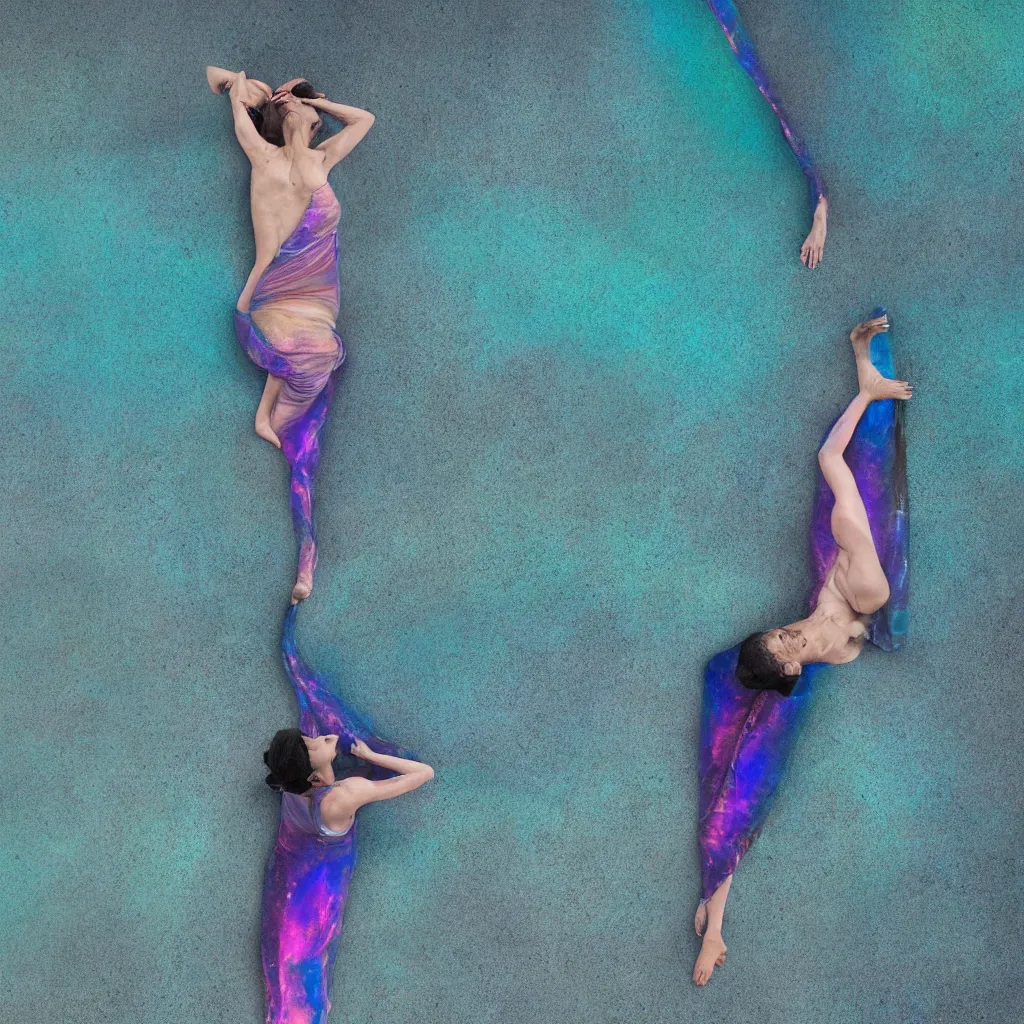 Prompt: overhead view of iridiscent oil slick and eroded stones with a woman's connected by a transparent pipe to a baby buried relaxing on yoga mat, faded, gradient, depth of field, ultra realistic, very detailed, glitch, by nadav kander, 8 k hyper realistic detailed cinematic