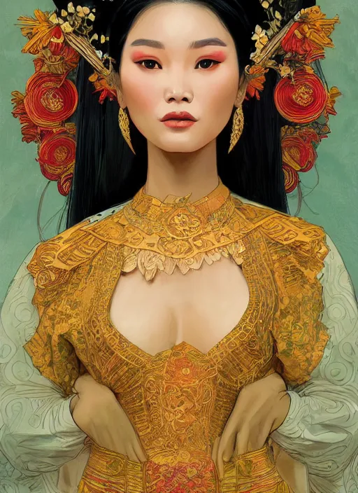 Image similar to portrait of an vietnam supermodels wearing traditional costume, highly detailed, digital painting, artstation, concept art, sharp focus, illustration, art by kittichai rueangchaichan and james gurney and alphonse mucha