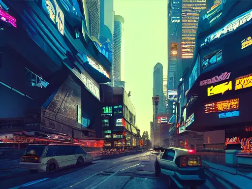 Image similar to a cinematic busy cyberpunk street in a mega city packed with flying vehicles, large mega corp buildings dominate the skyline at dusk by nick hiatt, unreal engine trending on artstation