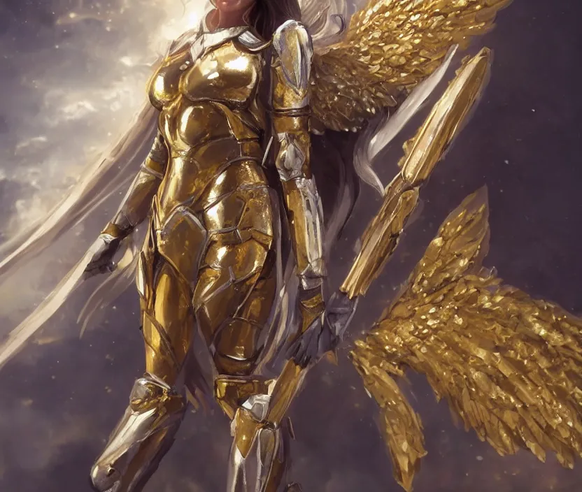 Prompt: Angel knight girl in golden and silver armor adorned with sapphire gems on Neoclassical city, artstation trending, cinematic, highly detailded