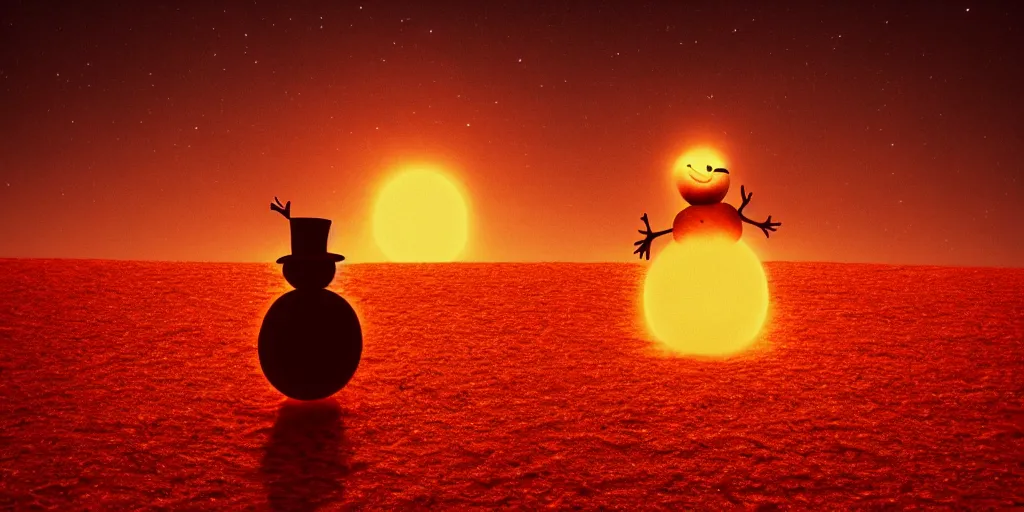 Prompt: a snowman standing on top of the sun. the ground is made entirely of fire and is glowing orange. cinematic, dramatic, epic, volumetric lighting, atmospheric, red, orange extremely coherent, 8 k, space