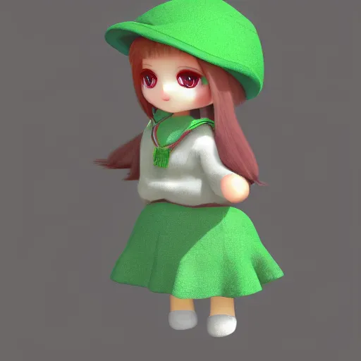 Image similar to cute fumo plush of a girl with a green cap, vray