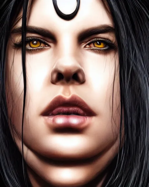 Image similar to portrait of a tall 4 0 - year - old woman with thin lips, long, lush black hair like a crown black, and thick eyebrows, wearing in black clothes, hyper realistic face, beautiful eyes, character art, art by mark brooks, hyperdetailed, cryengine, trending on artstation, digital art