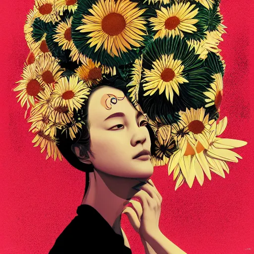 Image similar to closeup, huge daisy flower head, woman in modern apartment, surreal, dramatic light, by victo ngai by james jean, by rossdraws, frank franzzeta, mcbess