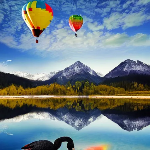 Image similar to photo of two black swans touching heads in a beautiful reflective mountain lake, a colorful hot air balloon is flying above the swans, hot air balloon, intricate, 8k highly professionally detailed, HDR, CGsociety