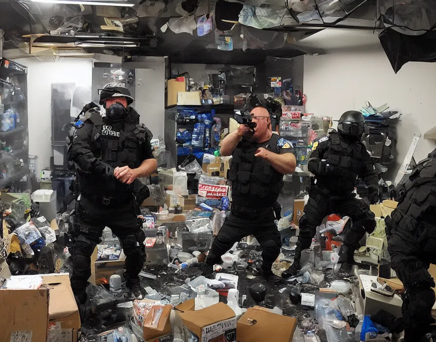 Image similar to Alex Jones in his garage office INFOWARS studio fighting a group of SWAT police, surrounded by boxes of herbal supplements and trash, tear gas and smoke, detailed photograph high quality