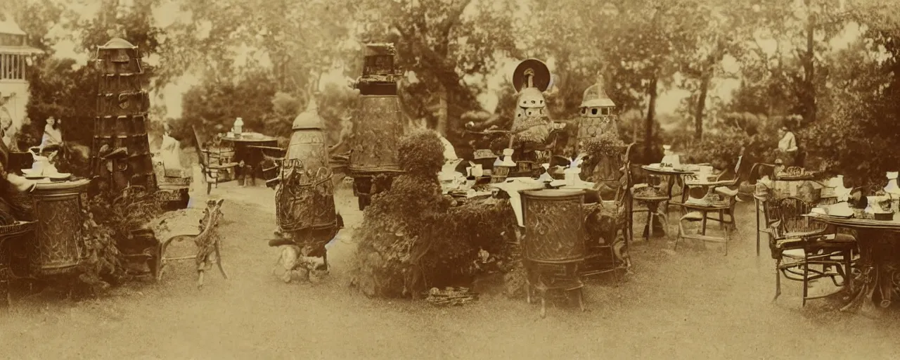 Image similar to A Victorian sepia photo of a Dalek tea party.