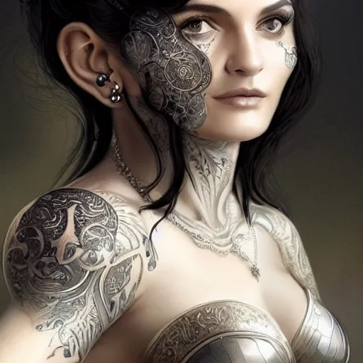 Prompt: an attractive young tattooed female with piercings wearing an white ornate metallic helmet, helena christensen, olive skin, long dark hair, beautiful bone structure, intricate, elegant, highly detailed, digital painting, artstation, concept art, smooth, sharp focus, illustration, art by artgerm and greg rutkowski and alphonse mucha