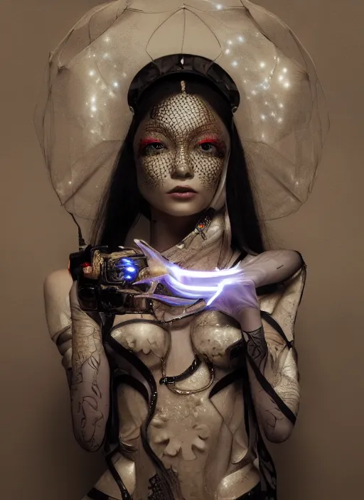 Image similar to portrait of a sensual futuristic geisha cyborg, latex, modern fine art, fractal, glowing calligraphy, intricate ornaments, elegant, highly detailed, digital photography, subsurface scattering, by jheronimus bosch and greg rutkowski,