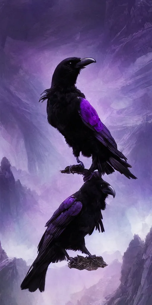 Prompt: portrait of a beautiful raven perched on purple crystals that are glowing in a misty valley, establishing shot, extremly high detail, foto realistic, cinematic lighting, by yoshitaka amano, ruan jia, kentaro miura, artgerm, post processed, concept art, artstation, raphael lacoste, alex ross