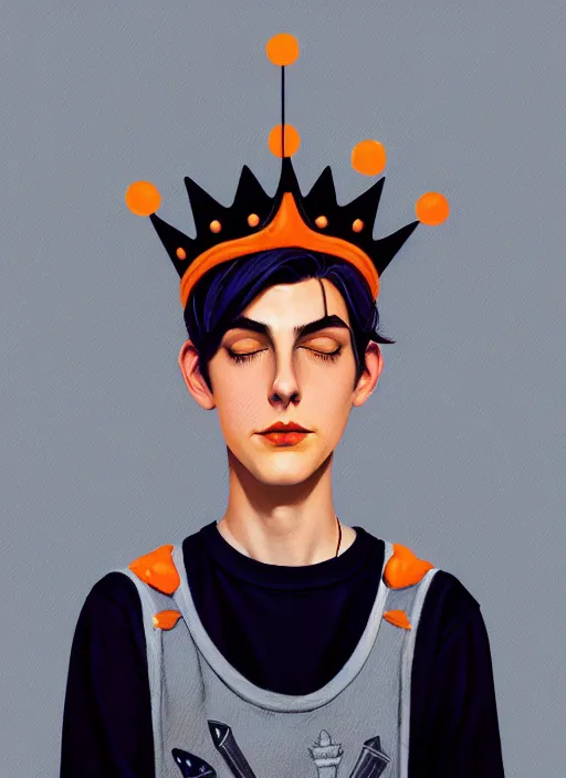 Image similar to portrait of teenage jughead jones wearing a light grey crown, crown, hamburger background, eyes closed, crown, black hair, orange, intricate, elegant, glowing lights, warm lighting, highly detailed, digital painting, artstation, concept art, smooth, sharp focus, illustration, art by wlop, mars ravelo and greg rutkowski