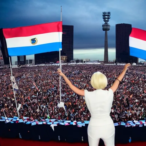 Image similar to Lady Gaga as president, Argentina presidential rally, Argentine flags behind, bokeh, giving a speech, detailed face, Argentina