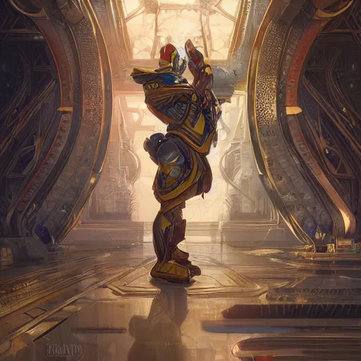 Image similar to ultra realistic illustration of cyborg donald duck, warframe, intricate, futuristic persian palace, elegant, highly detailed, digital painting, artstation, concept art, smooth, sharp focus, illustration, art by artgerm and greg rutkowski and alphonse mucha