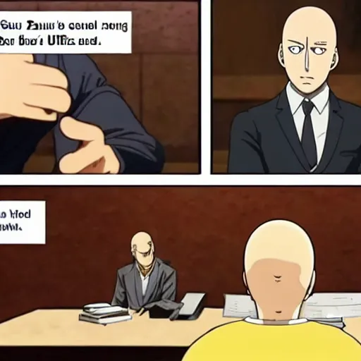 Prompt: one punch man scene of saul goodman defending saitama in court