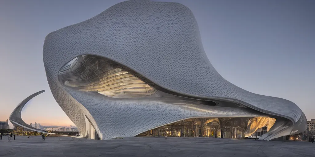 Image similar to extremely detailed ornate stunning sophisticated beautiful elegant futuristic museum exterior by Zaha Hadid, Milan buildings in the background, smooth curvilinear design, stunning volumetric light, stainless steal, concrete, translucent material, beautiful sunset, tail lights