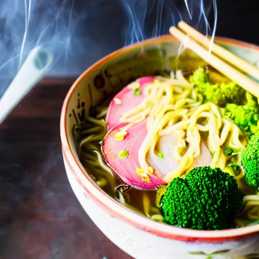 Image similar to a steaming bowl of ramen with weird ingredients, like toothpaste, broccoli and turnips. Food photography, bokeh