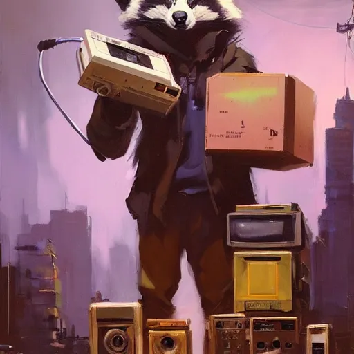 Image similar to greg manchess painting of a trash panda character, holding a box of cables and standing next to old electronic equiptment, medium shot, asymmetrical, profile picture, organic painting, night time, dark, neon lights, matte painting, bold shapes, hard edges, street art, trending on artstation, by huang guangjian and gil elvgren and sachin teng