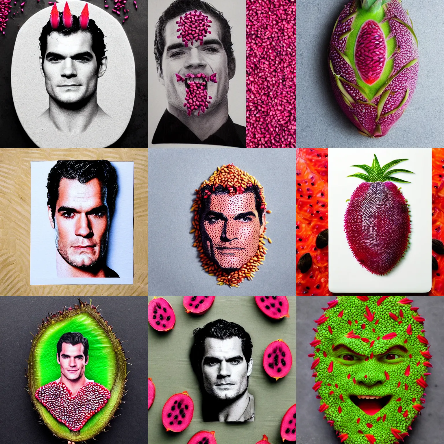 Image similar to dragonfruit portrait of henry cavill, made of dragonfruit seeds, inside a dragonfruit