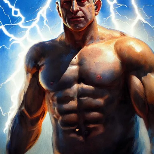 Image similar to benjamin netanyahu as a buff greek god of lightning, shooting lightning bolts from eyes, highly detailed, ultra clear, by artgerm and greg rutkowski