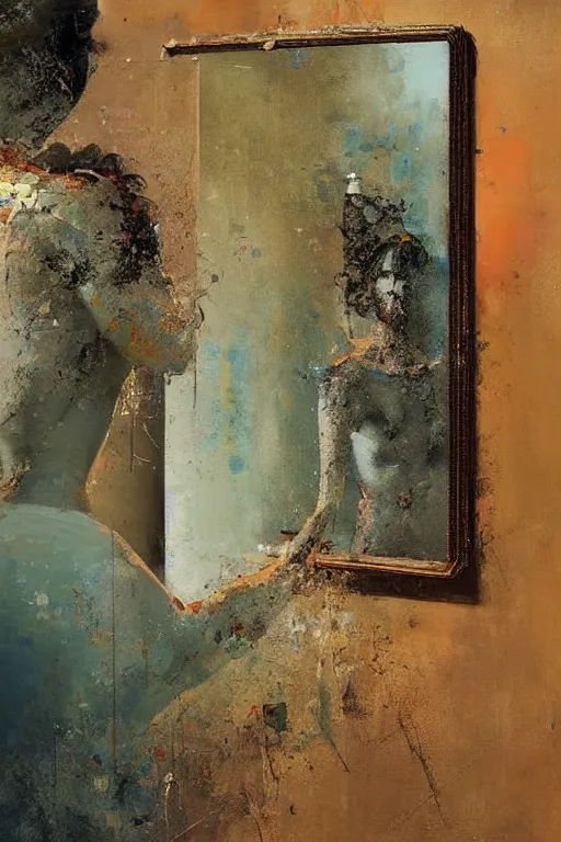 Image similar to a beautiful glitched painting by robert proch and christian hook of a woman in a bathroom mirror, metal rust and plaster materials, brushstrokes by jeremy mann, still life, dark colors