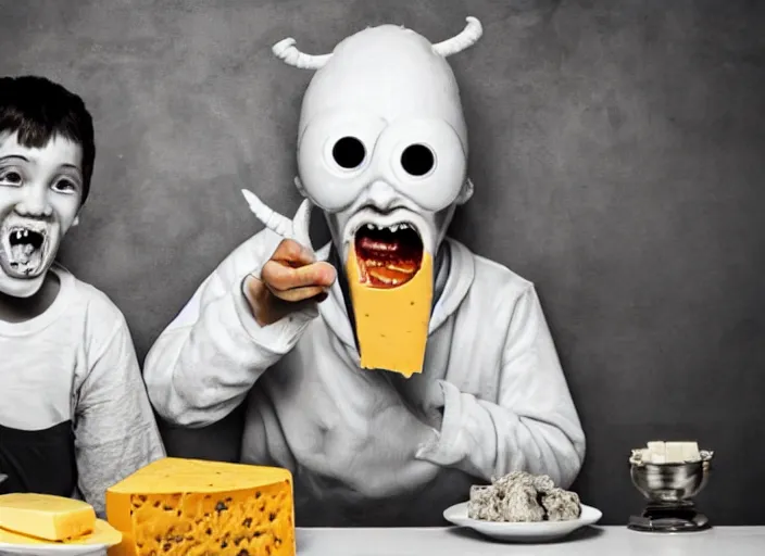 Image similar to monsters made of cheese, eating humans