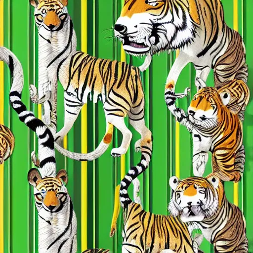 Image similar to hibrid between a wolf and a tiger with green and grey stripes. In front of a jungle background. Hyper detailed. Photorealistic.