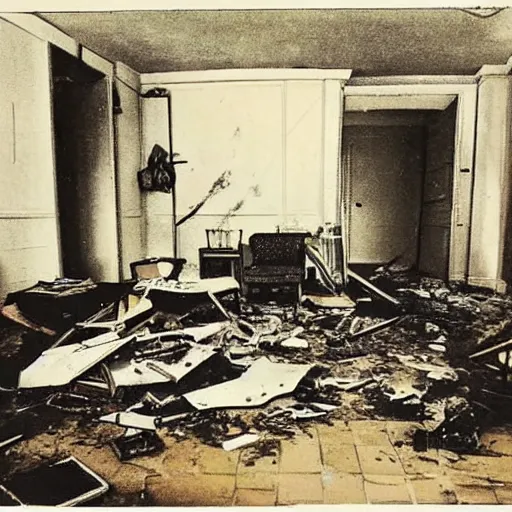 Image similar to The illustration shows a scene of total destruction. A room has been completely wrecked, with furniture overturned, belongings strewn about, and debris everywhere. The only thing left intact is a single photograph on the wall. This photograph is the only evidence of what the room once looked like. It shows a tidy, well-appointed space, with everything in its place. The contrast between the two images is stark, and it is clear that the destruction was complete and absolute. pear by Stuart Davis, by Arthur Boyd realistic