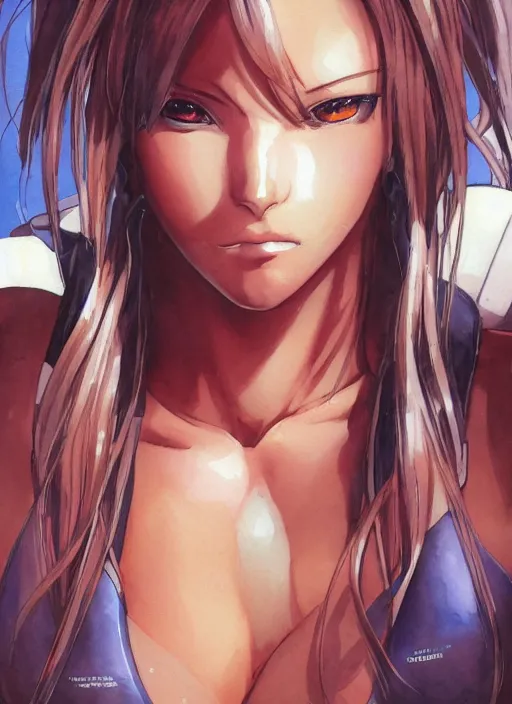 Image similar to Frontal portrait of a very beautiful muscular anime girl with tanned skin and cream colored hair, watercolor, digital painting, art by Shirow Masamune Kenichi Sonoda Ilya Kuvshinov Moebius and Katsuhiro Otomo, cyberpunk, high quality, pretty anime girl