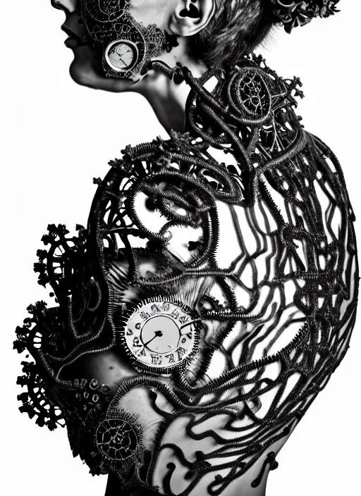 Image similar to surreal black and white photo portrait of complex bio-mechanical beautiful young female vegetal-cyborg with a Mandelbrot fractal steampunk metal fine lace face, curled silver hair and a fine metal floral foliage super big lace collar by Alexander McQueen:: high fashion, haute couture, rococo, steampunk, silver filigree details, anatomical, facial muscles, cable wires, microchip, elegant, hyper realistic, 150 mm lens, soft rim light, octane render, unreal engine, volumetric lighting, 8k,