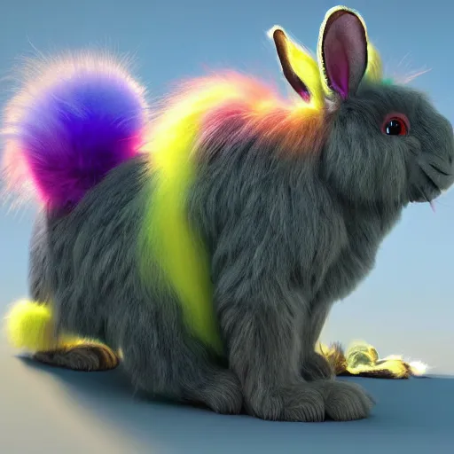 Image similar to cute colorful fuzzy alien lop eared bunny rabbit monsters monsters with long flowing gradient colored detailed fur and stripes, detailed high quality 3 d render unreal engine in the style of maurice sendak, 4 k