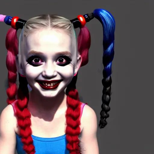 Image similar to baby harley quinn with pigtail in hair like pebbles flintstones playing with a magic wand, full body, big head, large smile, pixar style, happy, chill out 4 k trending on artstation