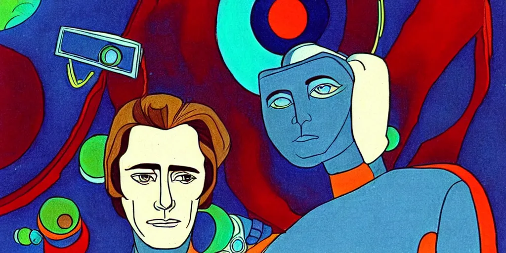 Image similar to traditional drawn colorful animation a symmetrical portrait of lonely single Alain Delon alone from 1970 70s pilot in posing in spaceship station planet captain bridge outer worlds robots extraterrestrial hyper contrast well drawn in Jean Henri Gaston Giraud animation film The Masters of Time FANTASTIC PLANET La planète sauvage animation by René Laloux