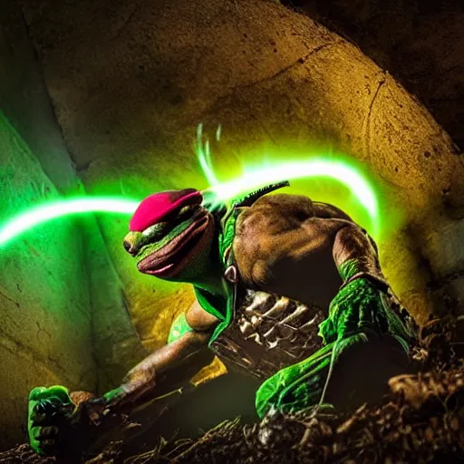 Image similar to teenage mutant ninja turtle, epic action movie still, hyper realistic award winning creature photography, epic volumetric lighting, glowing border of green radioactive Ooze dripping around frame, detailed face, golden ratio