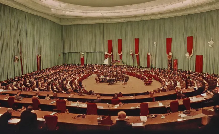 Prompt: 60s movie still of a CCCP congress in a stalinist style parlement, by Irving Penn , cinestill 800t 35mm eastmancolor, heavy grainy picture, very detailed, high quality, 4k, HD criterion