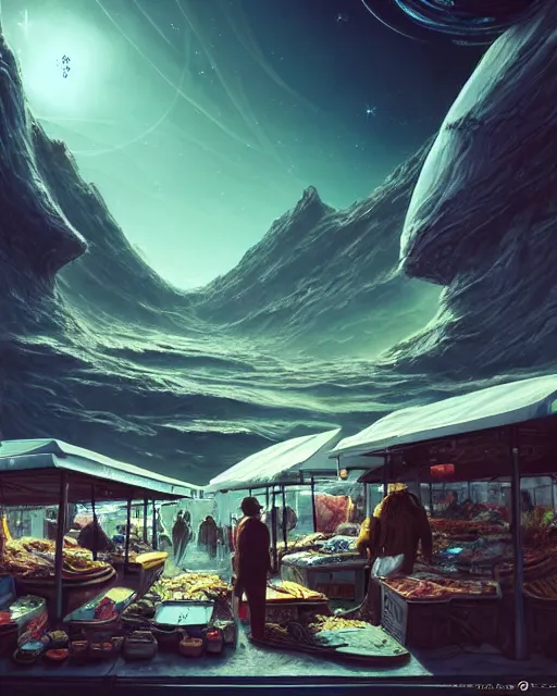 Image similar to a market stall on an alien planet. sci - fi. strange. detailed. meticulously rendered. hyperdetailed. trending on artstation. imax. deviant art. epic sky. astrophotography.