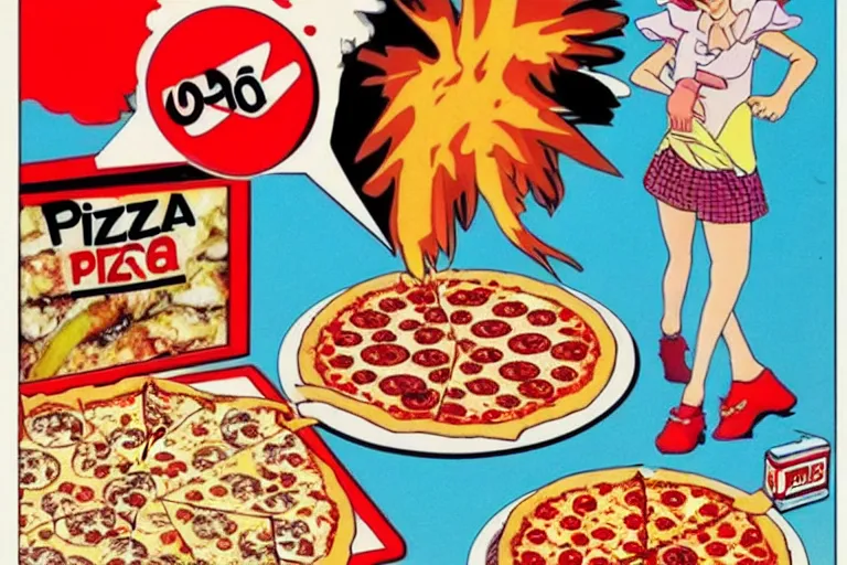 Image similar to pizza, 80s, advertisement, anime, explosion!!!!