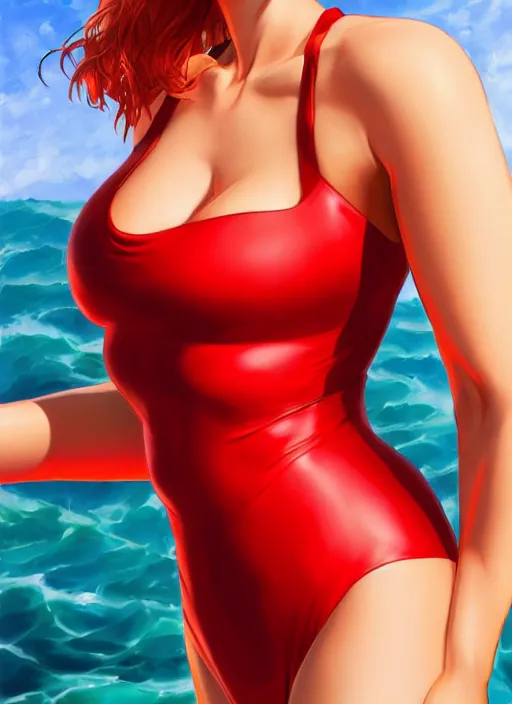 Prompt: 4k 8k photorealistic torso headshot portrait of Scarlett Johansson in tight fit contact red swimsuit reflective; @@Evangelion@@ anime. Beach vacation scene. by James Jean, Zac Retz, pixiv