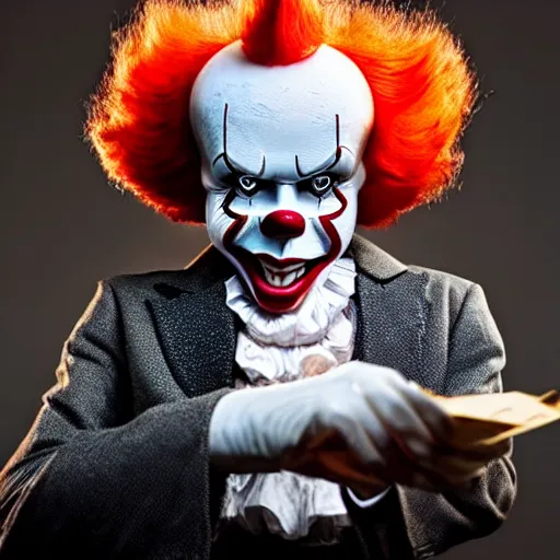 Image similar to Pennywise the clown wearing a business suit and holding a banknote in his hands, full body shot, highly-detailed